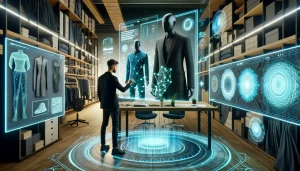 DALL·E 2024 04 26 13.25.38 A panoramic image showcasing the intersection of artificial intelligence and fashion. The scene depicts a modern fashion design studio with digital sc
