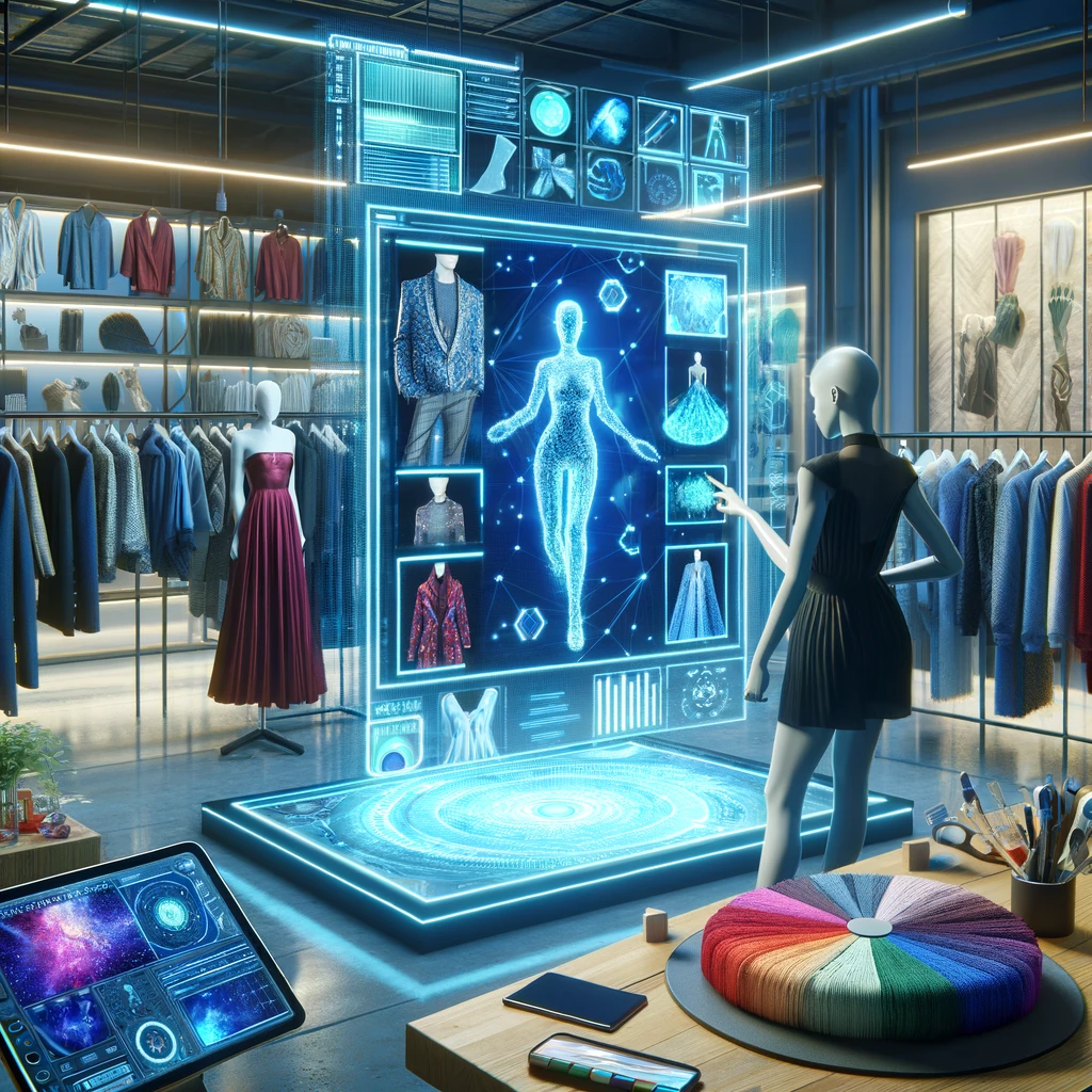 DALL·E 2024 04 26 13.34.25 An image showcasing AI as a creative tool in fashion design. The scene features a futuristic fashion studio with a fashion designer interacting with a